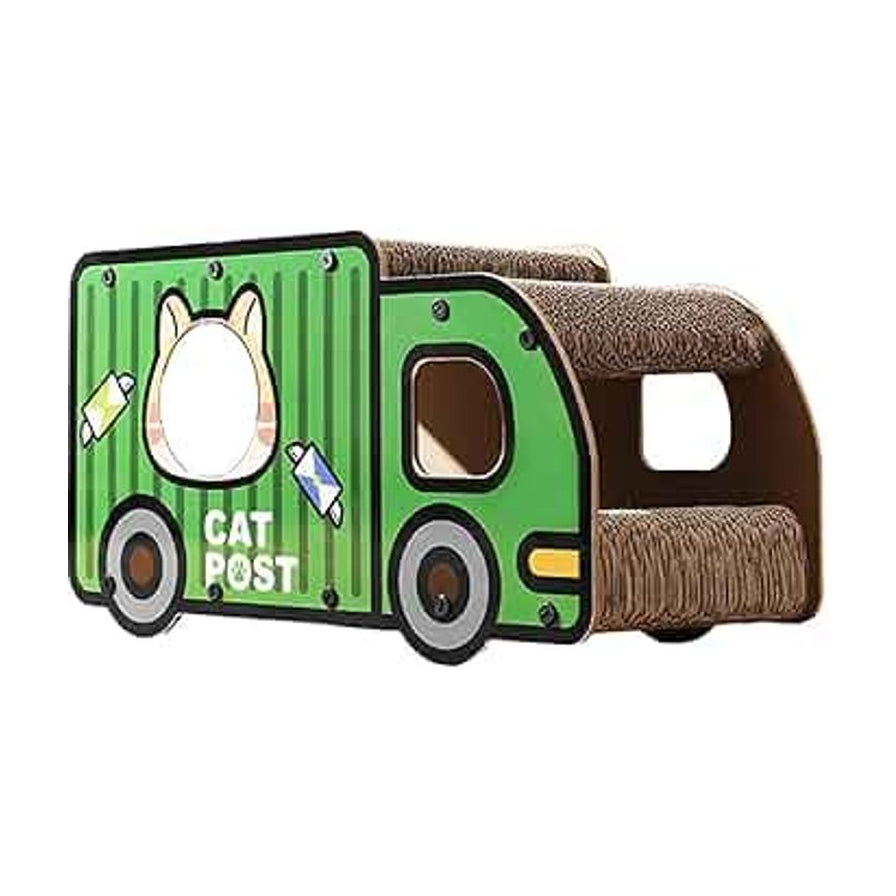 绿色猫猫货车造型双层猫抓板窝，侧面带猫头形镂空窗，白底展示图