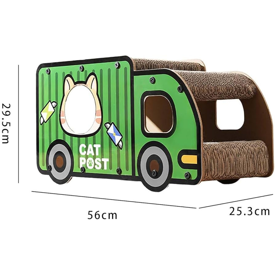 绿色猫猫货车猫抓板窝展示图，画面标注尺寸56cm、29.5cm、25.3cm