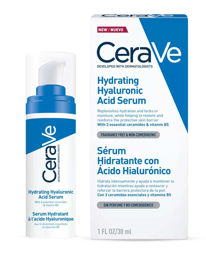 CeraVe 玻尿酸补水精华液 30ml 瓶身正面图，透明瓶身展示清爽质地