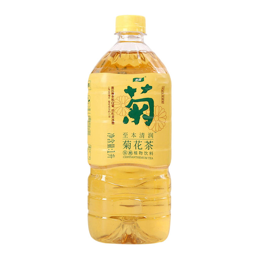 怡宝至本清润菊花茶1L大瓶装，浅黄色包装正面图，展示“菊”字书法标识。