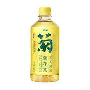 怡宝菊花茶450ml瓶装正面图，黄色包装印有大字“菊”及“至本清润”字样。