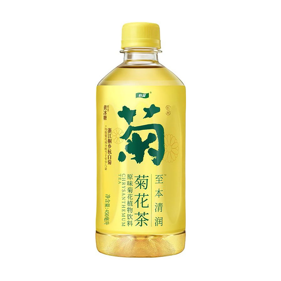 怡宝菊花茶450ml瓶装正面图，黄色包装印有大字“菊”及“至本清润”字样。
