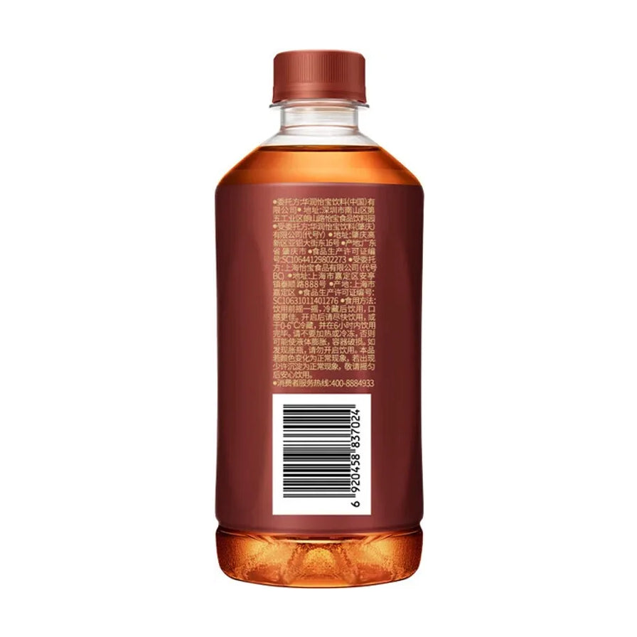 怡宝酸梅汤 450ml 瓶装背面图，展示详细配料表、营养成分、生产商信息及条形码，琥珀色液体可见。