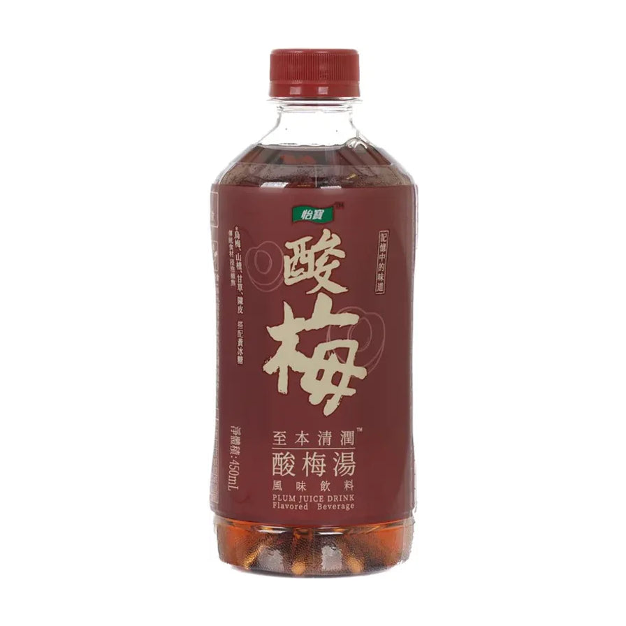 怡宝酸梅汤 450ml 瓶装正面图，深棕色瓶身印有“酸梅”大字及品牌 Logo，红色瓶盖，白色背景。