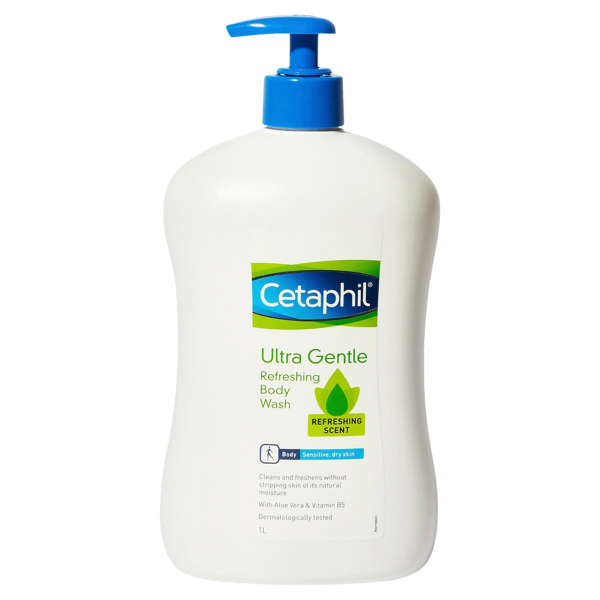 Cetaphil Ultra Gentle Refreshing Body Wash 白色泵头瓶身正面特写，黑色背景。