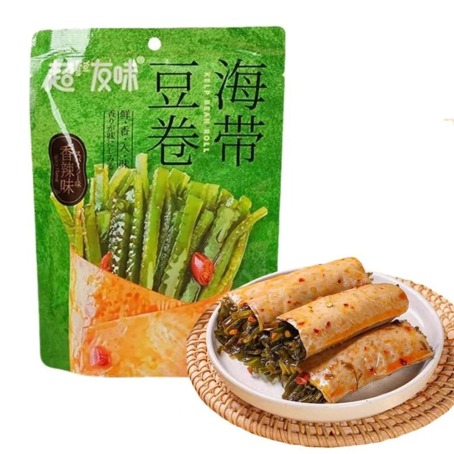 超友味海带豆卷包装及实物展示，一盘整齐码放的豆卷，可见内部塞满了翠绿的海带丝。