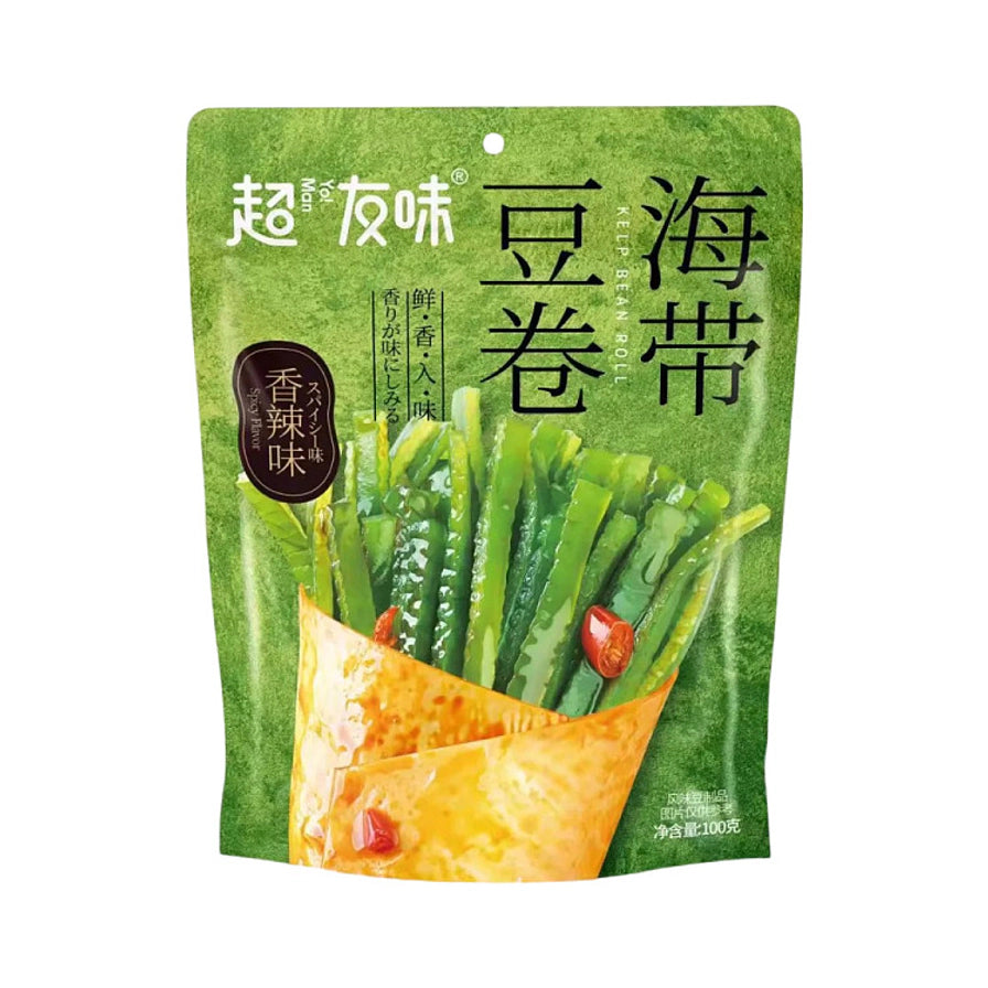 超友味豆卷海带味包装正面图，绿色包装袋，展示了内部包裹着鲜美海带丝的豆卷示意图。