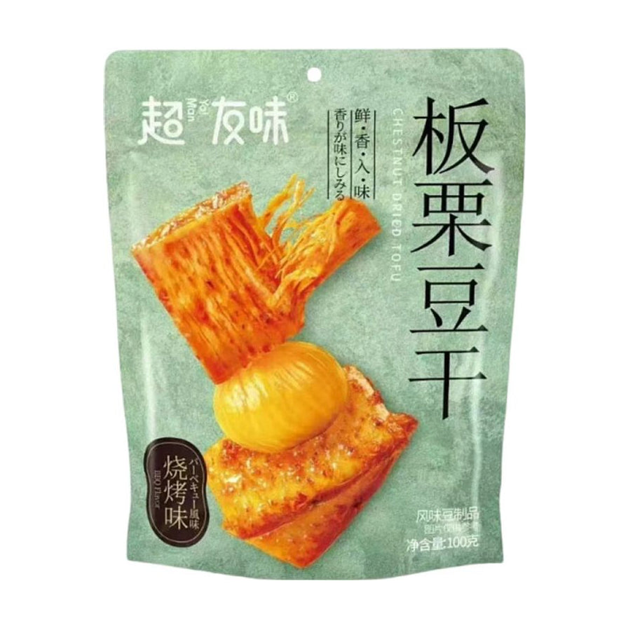 超友味板栗豆干烧烤味100克包装图，绿色背景，展示了豆干和板栗的诱人特写。