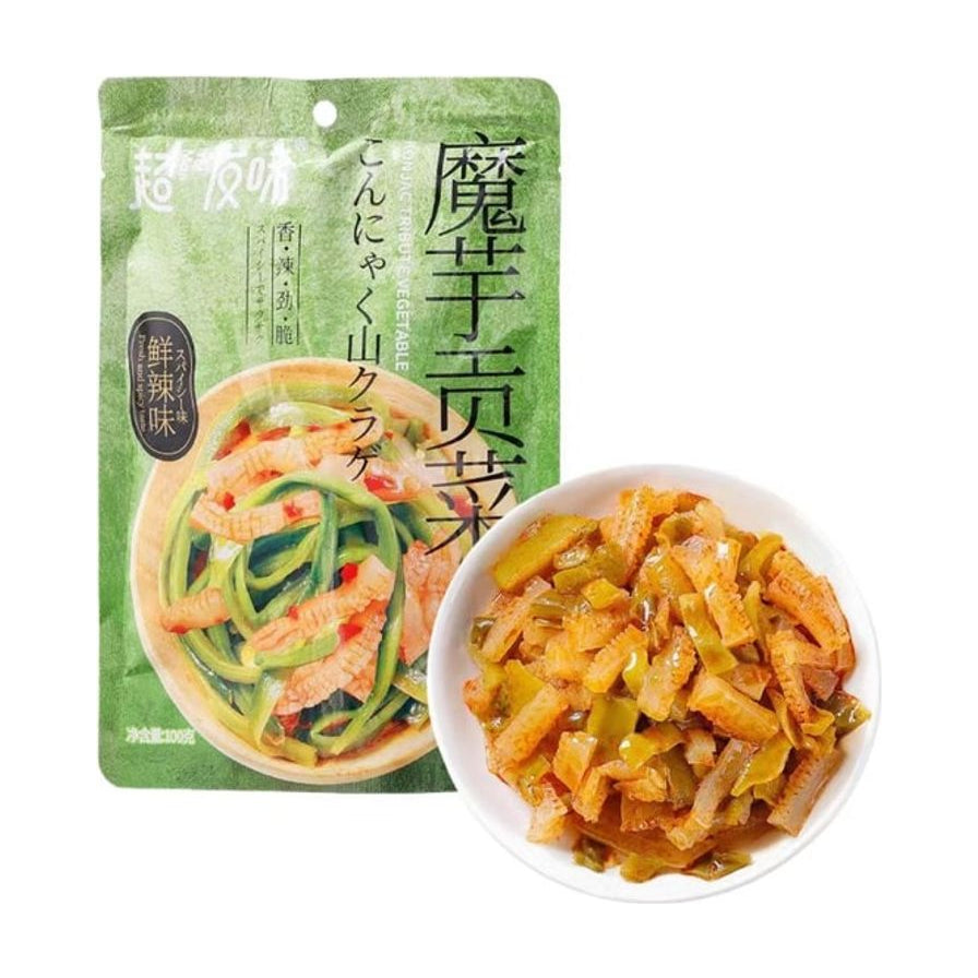 超友味魔芋贡菜鲜辣味包装袋及一小盘切碎的魔芋贡菜实物图
