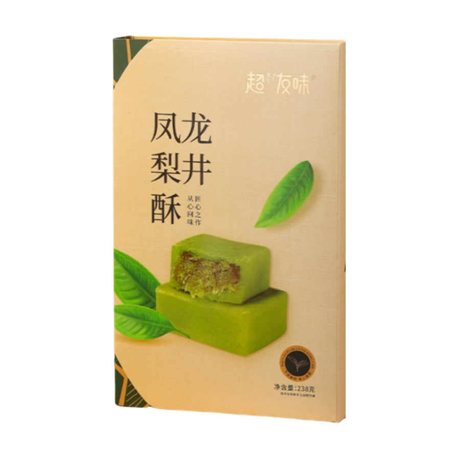 超友味龙井凤梨酥包装盒，展示了绿色的龙井茶香外皮和凤梨内馅，净含量238克。