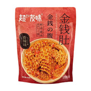 超友味香辣金钱肚包装正面图，红色背景包装袋上印有金钱肚实物特写，标注有香辣味、鲜香脆爽等字样。