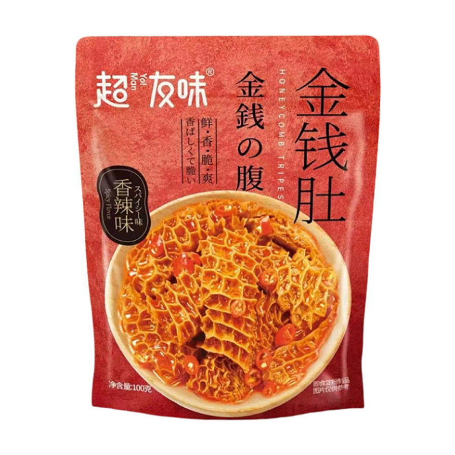 超友味香辣金钱肚包装正面图，红色背景包装袋上印有金钱肚实物特写，标注有香辣味、鲜香脆爽等字样。