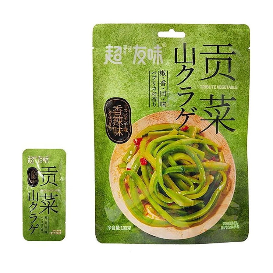 超友味贡菜香辣味包装正面，绿色袋装，印有清脆贡菜实物图，净含量100克。