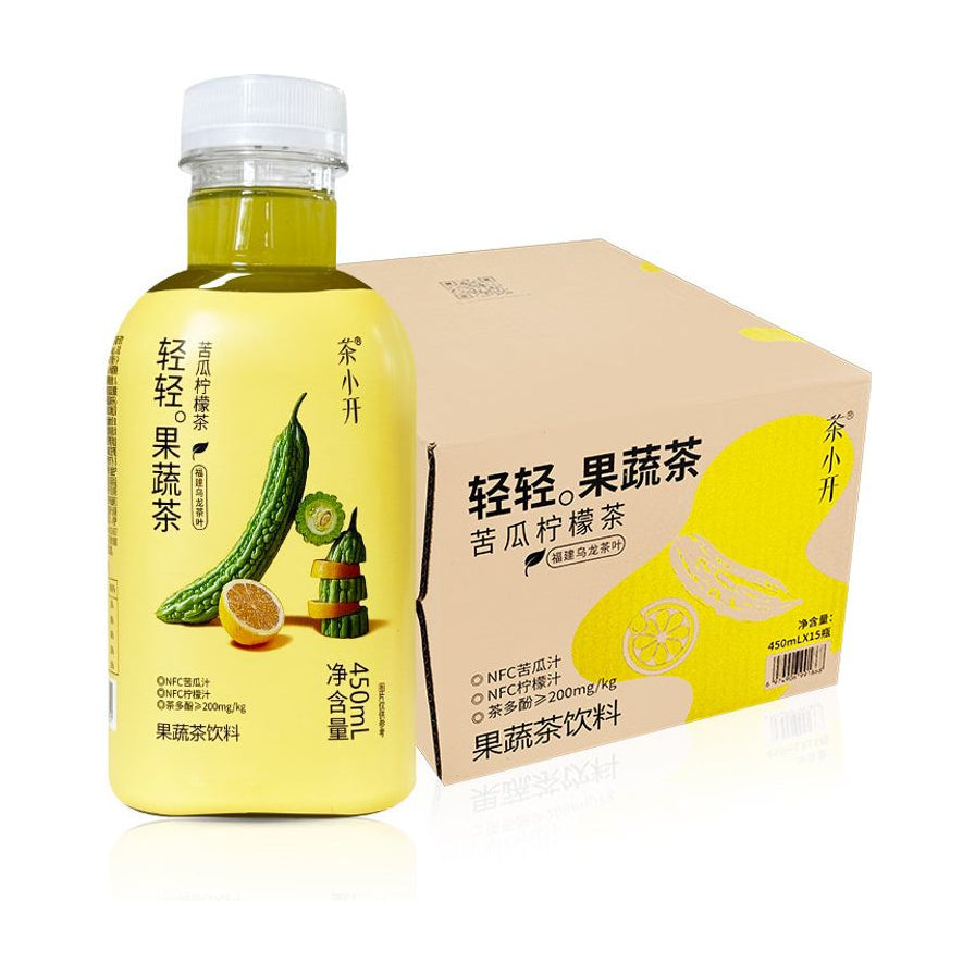 茶小开轻轻果蔬茶苦瓜柠檬味450ml单瓶与15瓶整箱包装展示，瓶身印有苦瓜和柠檬图案。