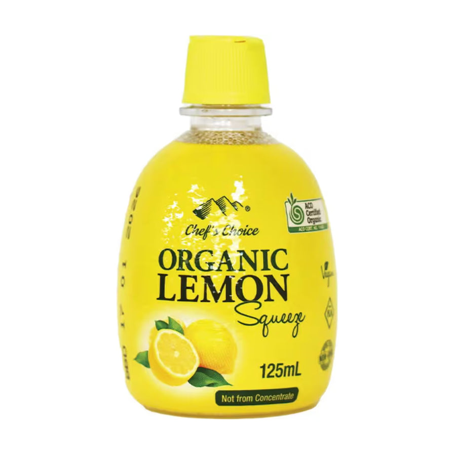 Chef’s Choice 有机柠檬汁 125ml 瓶装正面，带有 ACO 有机认证标志，瓶身印有 Organic Lemon Squeeze 字样及柠檬图案。