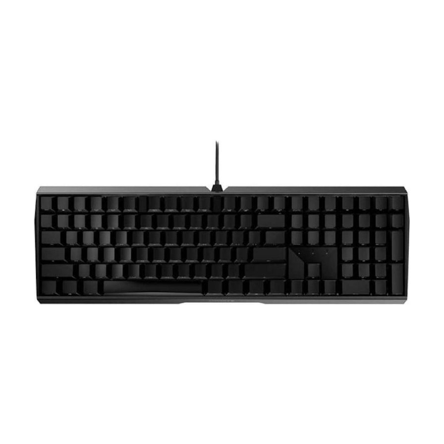 CHERRY 樱桃 MX3.0S 黑色全尺寸 108 键机械键盘俯视图，展示简约无光设计与一体成型铝制底壳。