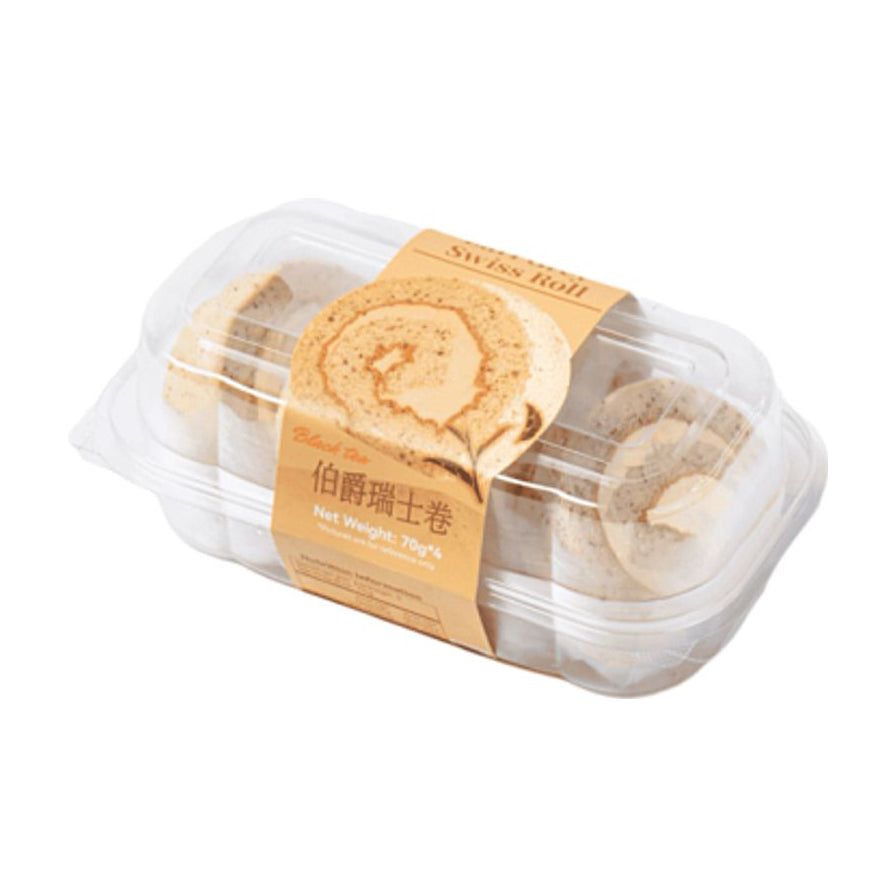 CHEWY 伯爵瑞士卷，透明塑料盒包装内含四块蛋糕，标签显示净重 70g*4。