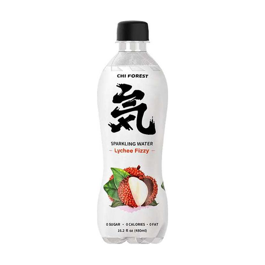元气森林荔枝味气泡水480ml瓶装正面图，包装印有荔枝图案和英文Lychee Fizzy字样。