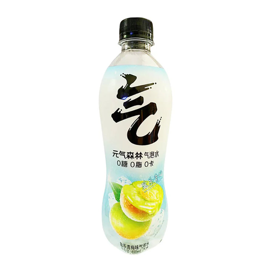元气森林盐系青梅味气泡水480ml瓶装正面图，包装印有青梅图案和0糖0脂0卡标识。