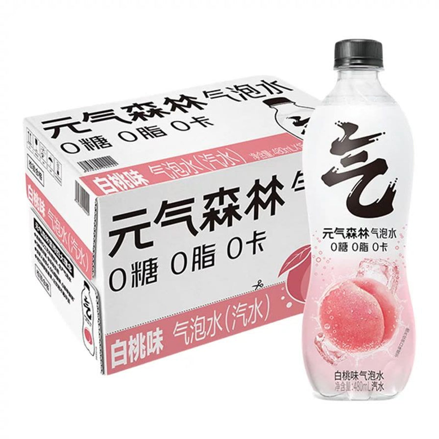 元气森林白桃味气泡水整箱特惠装，包含一箱纸盒包装及单瓶展示。