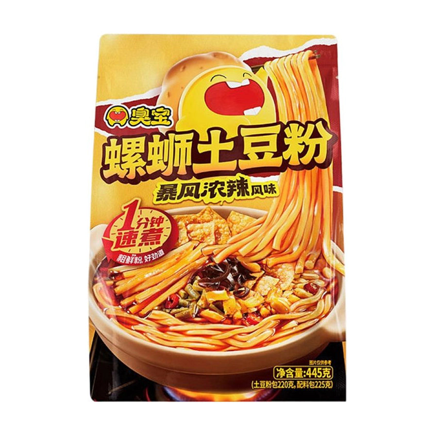 臭宝暴风浓辣螺蛳土豆粉包装正面图，展示了诱人的螺蛳粉配料、Q弹土豆粉以及1分钟速煮标识，净含量445克。