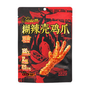 川山爪糊辣壳鸡爪包装正面图，黑色与红色背景，展示了虎皮凤爪实物图及180度先卤后炸、12小时文火慢卤等工艺说明。