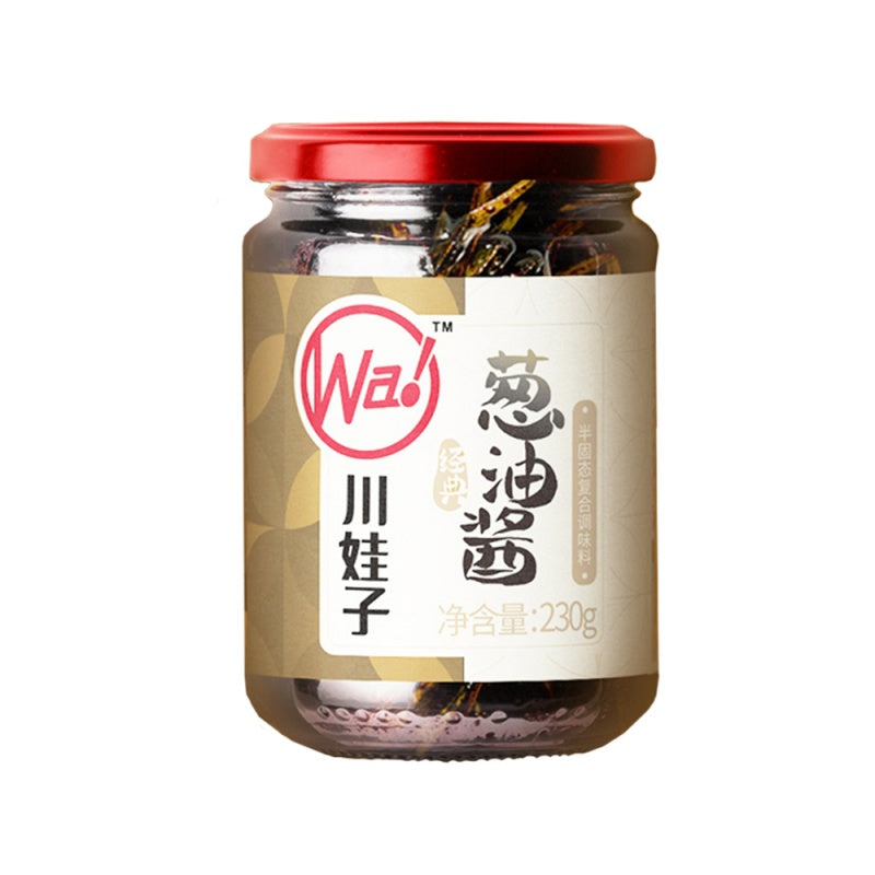 川娃子上海葱油酱 230g 瓶装正面图，展示红色标签与产品品牌
