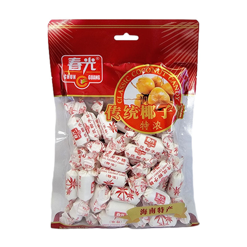 春光特浓椰子糖独立小包装展示，金黄糖体清晰可见