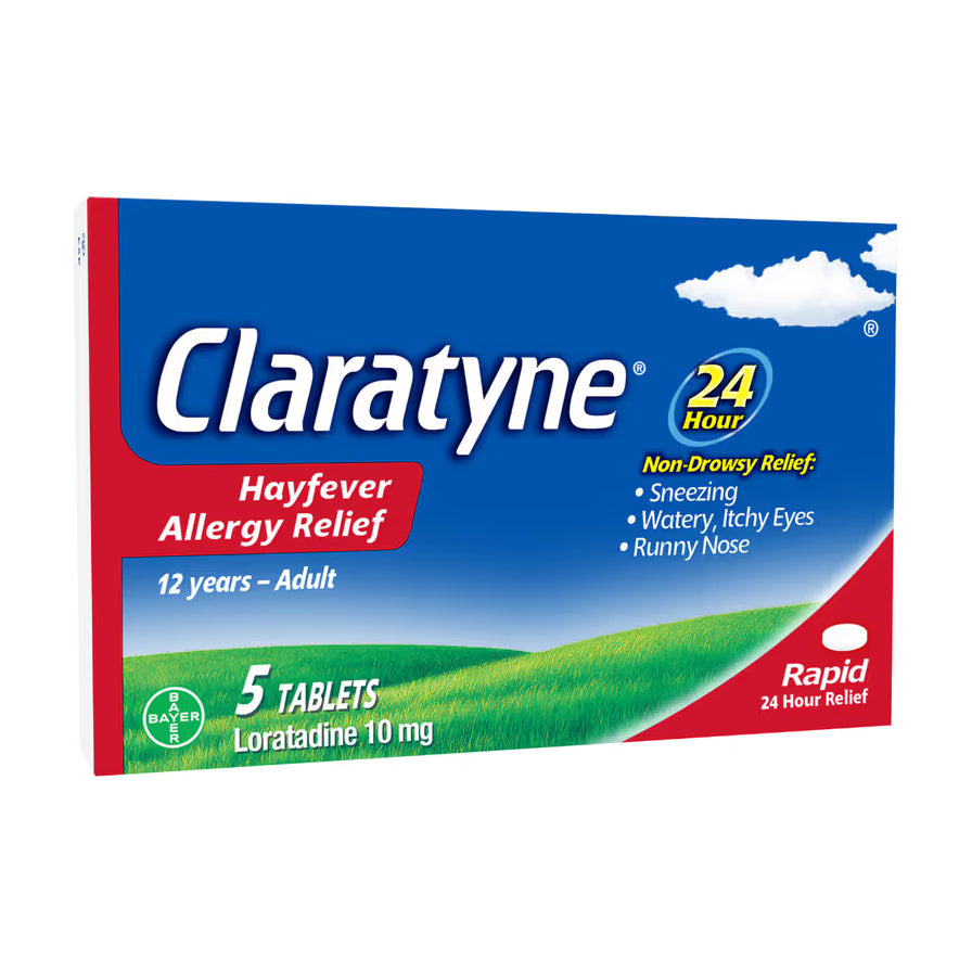 Claratyne 氯雷他定抗过敏片盒装正面，蓝红配色，标有 5 tablets、Loratadine 10 mg、Hayfever Allergy Relief 和 Non - Drowsy Relief。
