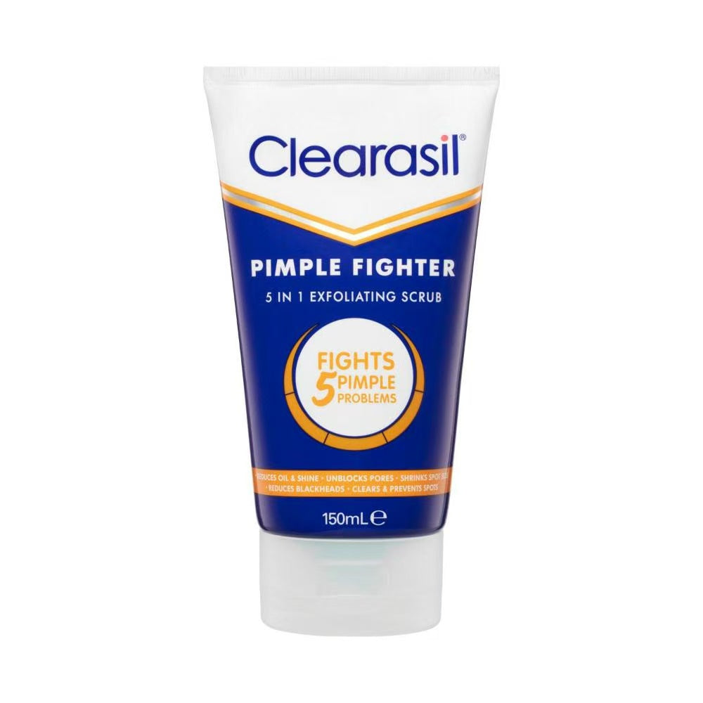 Clearasil 五合一去角质洁面乳 150ml 瓶身正面图，白色包装展示品牌与产品名。