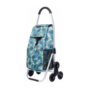 爬楼款购物车正面展示，银色铝合金车架搭配蓝底绿叶图案防水布袋，底部可见黑色三角轮结构。