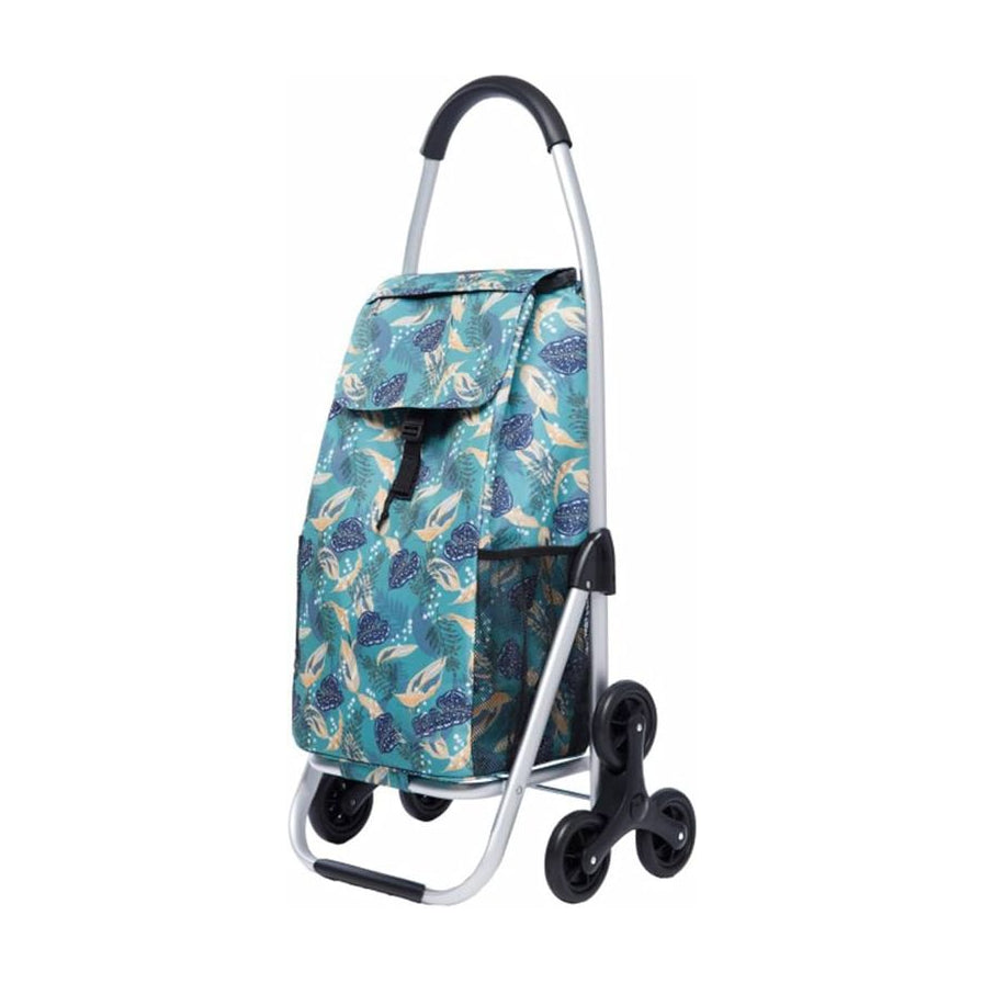 爬楼款购物车正面展示，银色铝合金车架搭配蓝底绿叶图案防水布袋，底部可见黑色三角轮结构。