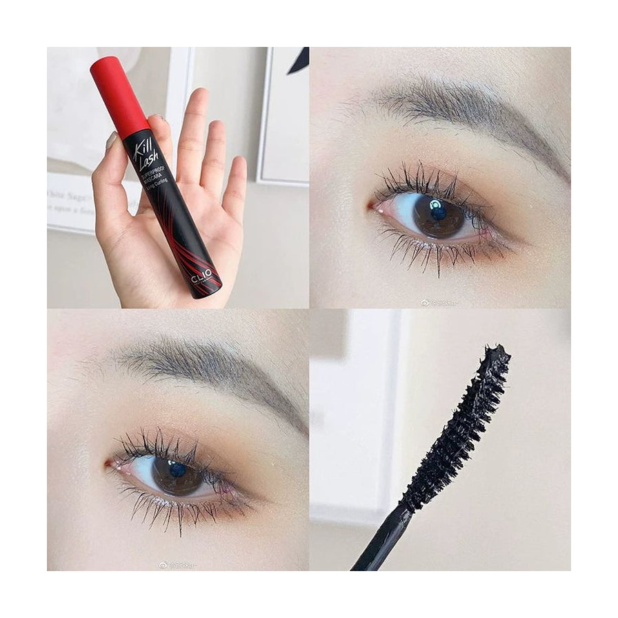 Clio 睫毛膏手持实拍、眼部妆效细节及刷头形态的四格拼图。
