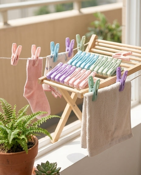 彩色防风晾衣夹夹住湿润毛巾的特写，展示防滑纹路和高弹力弹簧在狭窄晾晒区的使用场景。