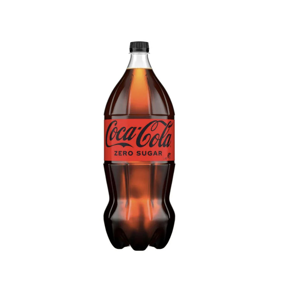 无糖可口可乐2升大瓶装，黑色瓶盖与红色标签，瓶身印有Coca - Cola Zero Sugar字样。