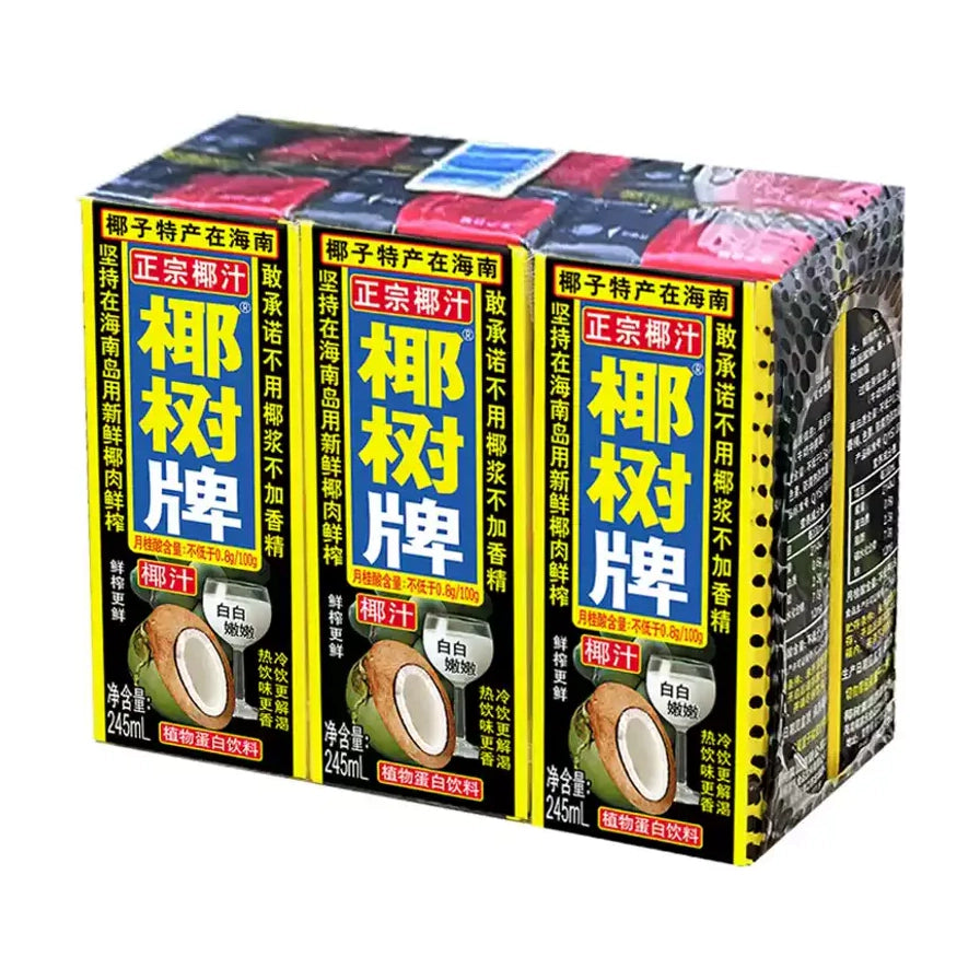 椰树牌椰汁六盒装，采用经典黑色黄色包装，展示鲜椰肉鲜榨植物蛋白饮料，净含量245ml每盒。