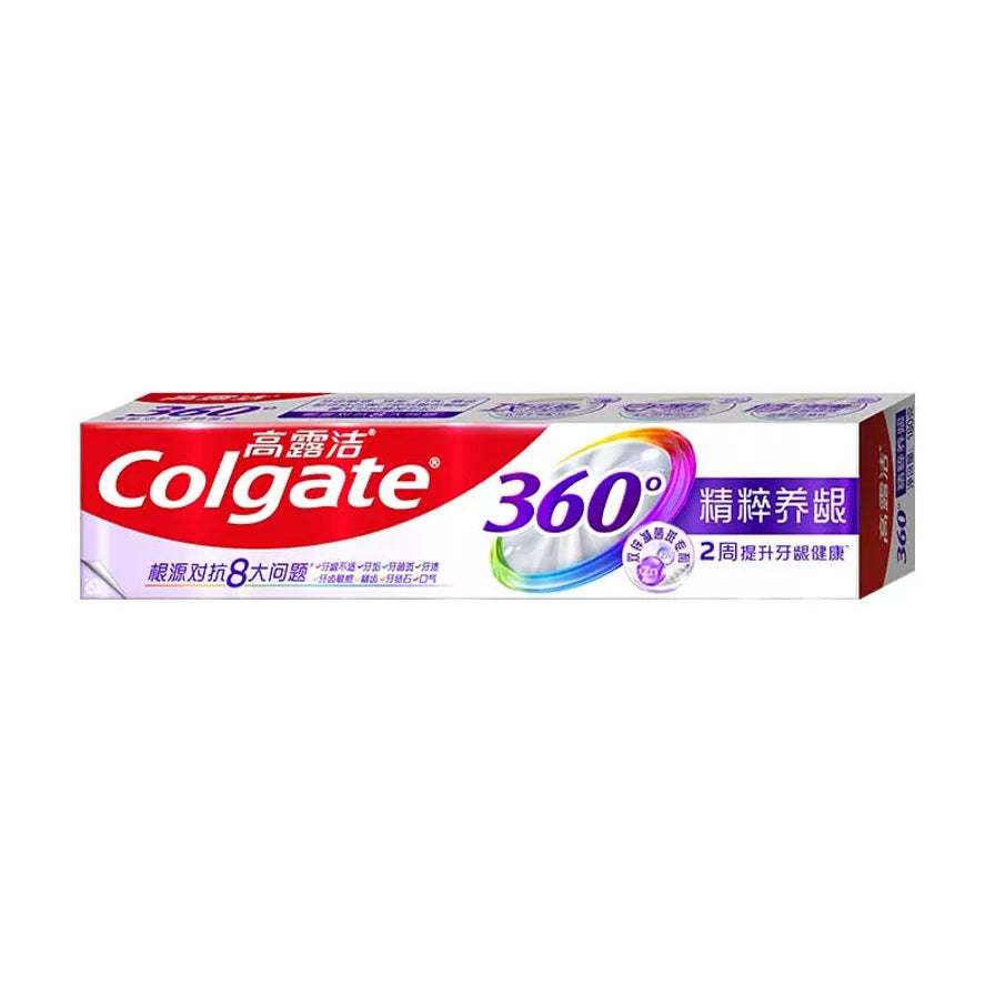 高露洁360°舒爽牙膏精粹养护系列外包装盒，白色背景，包装上印有Colgate品牌标识及精粹养护字样。
