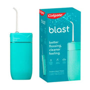 高露洁便携式水牙线主机及其青蓝色外包装盒，包装上印有Colgate Blast字样。