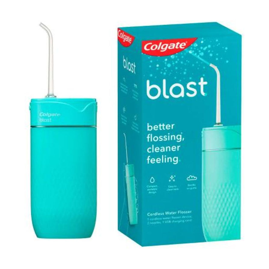 高露洁便携式水牙线主机及其青蓝色外包装盒，包装上印有Colgate Blast字样。