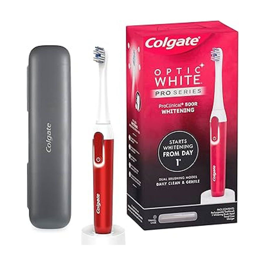 高露洁 Optic White Pro Series 电动牙刷套装，包含红色主机、灰色旅行盒及包装盒。