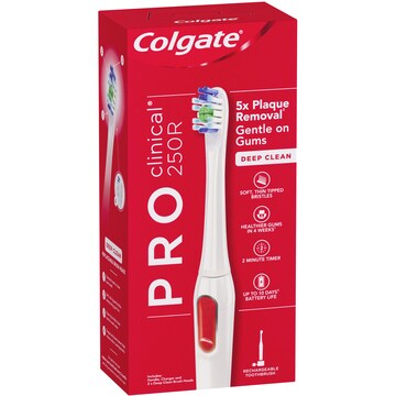 高露洁 ProClinical 250R 电动牙刷红色包装盒正面图，展示产品型号及主要功能卖点。