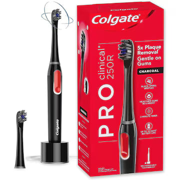 高露洁 ProClinical 250R 电动牙刷主机、替换刷头及红色包装盒展示图
