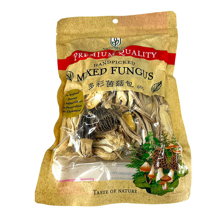 多彩菌菇汤料包正面包装图，展示丰富菌菇种类组合