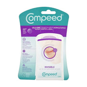 Compeed 隐形唇疱疹贴 15贴装正视图，展示青绿色外包装及内部白色便携盒，包装上标有12小时长效、病毒防护和快速愈合等功能图标。
