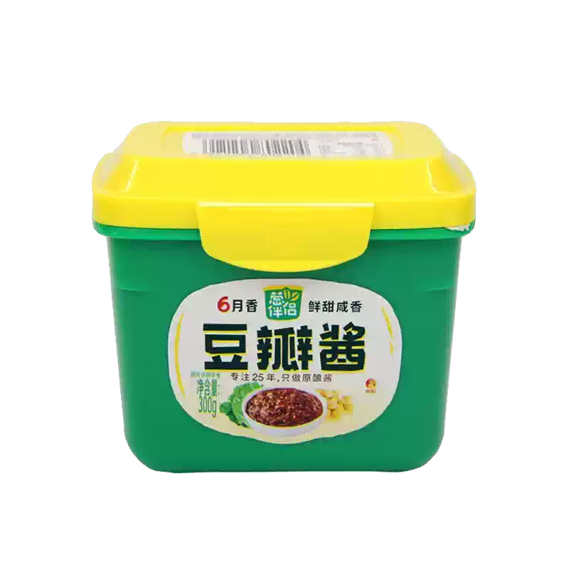 葱伴侣六月香减盐豆瓣酱 300g 玻璃瓶正面图，标签清晰展示品牌与无添加防腐剂信息