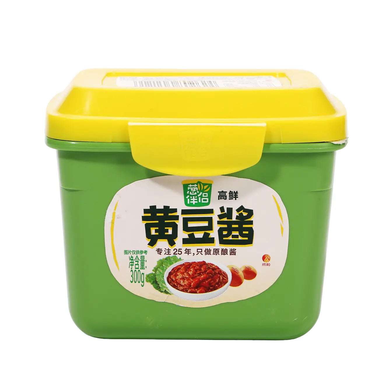 葱伴侣黄豆酱产品图，清晰呈现黄色豆酱颗粒与 300g 包装细节