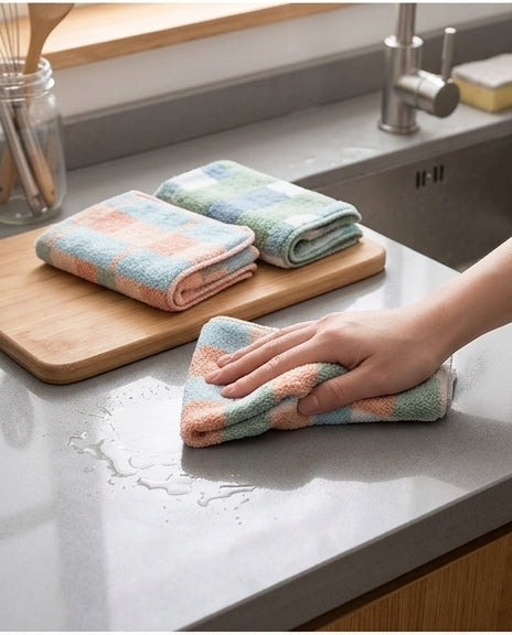 手持珊瑚绒抹布擦拭台面，展示强吸水效果