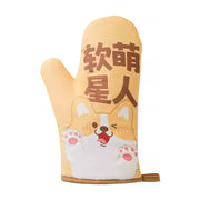 柯基犬图案厨房防烫手套，2指款设计，印有“软萌星人”字样，浅黄色背景。
