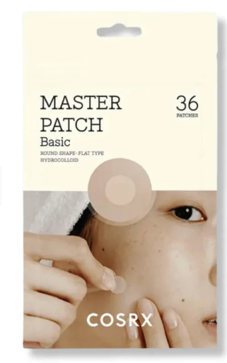 COSRX 基础净痘贴白色包装正面图，显示 90 枚入规格及圆形贴片示意图