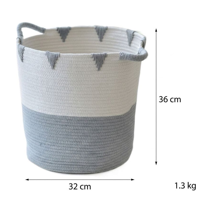 棉线脏衣篮尺寸示意图，标注高度 36cm、底部直径 32cm 及重量 1.3kg。